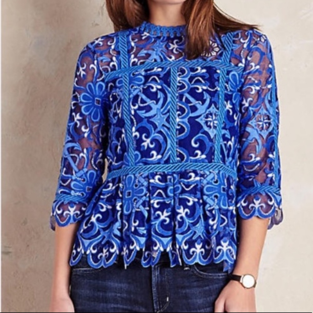 Anthropologie Blue Lace Embroidered Peplum Top - Women's